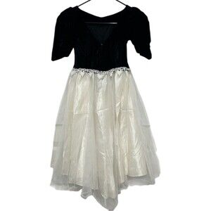 Alfred Angelo Young Girls VTG USA Holiday Dress Black Velvet Satiny Cream Formal